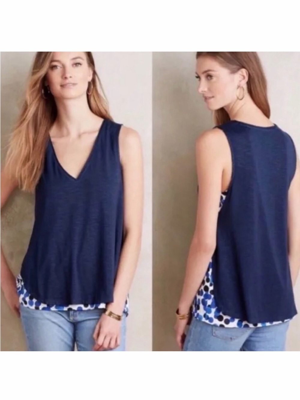 Anthropologie Women's Sz M Deletta Top Blue Weekdays Polka Dot Preppy Summer EUC